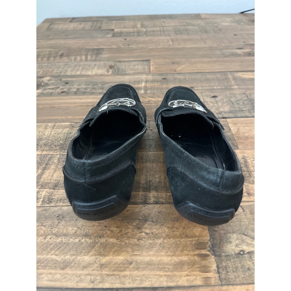 Louis Vuitton Black Suede Kitten Heel Loafers Silver LV Logo Buckle BR0057 Sz 6 - Picture 4 of 10